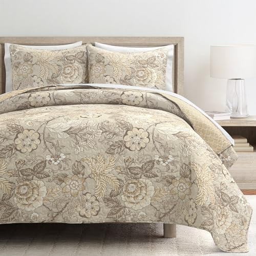 Image of Lush Decor Sydney Reversible Cotton Quilt, 3 Piece Set, King, Neutral - Cotton Bedding Set - Beige Floral Quilt - Cottage Decor - Bedding King Size