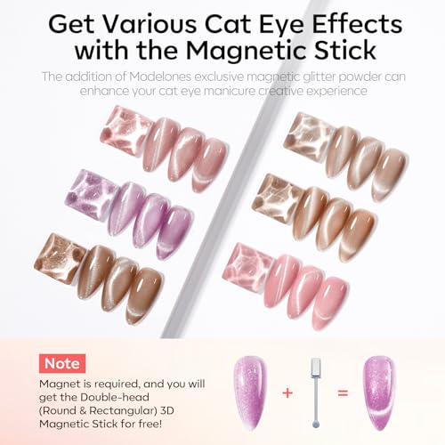 Image of modelones Cat Eye Gel Nail Polish 6 Colors Nude Pink Brown Purple Cat Eye Nail Polish Glitter Semi-transparent Holographic 9D With Magnet Pastel All Seasons Soak Off Led Nail Art DIY Salon Gifts