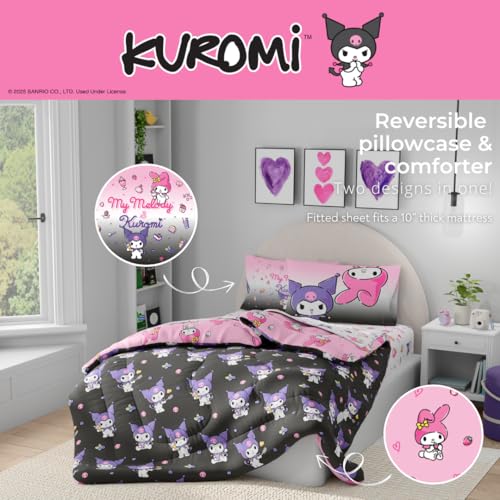Image of Franco Sanrio Kuromi & My Melody Bedding 5 Piece Super Soft Cozy Reversible Comforter and Sheet Set with Sham, Twin, (Officially Licensed Product) (Pack of 4)