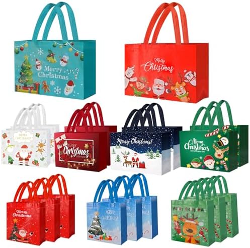 IPQXE 22 Pack Christmas Gift Bags Assorted Sizes- Reusable Tote Bags Non-Woven, Xmas Shopping Bags with Handles, for Christmas Treat Bags, Gifts Wrapping, Xmas Party Supplies 2 Large 8 Medium 12 Small