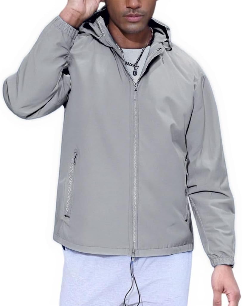 Ymosrh Men's Lightweight Jacket with Hood, Full Zip Outdoor Sports Travel Running Windbreaker Coat Outwear, M-3XL