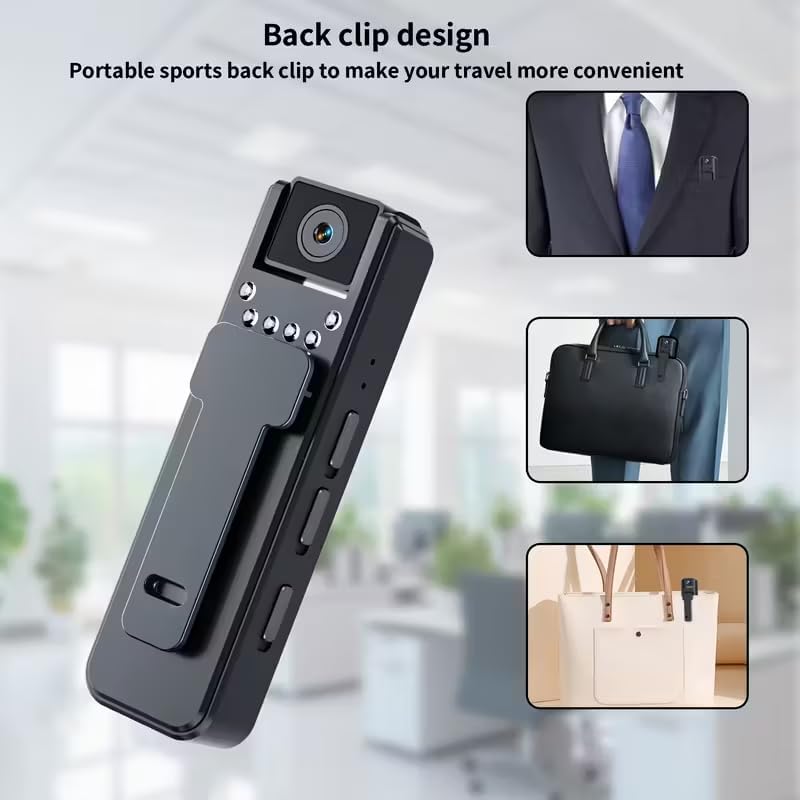 HDView Body Camera with back clip design, showing how it can be attached to a suit pocket, briefcase, or bag.