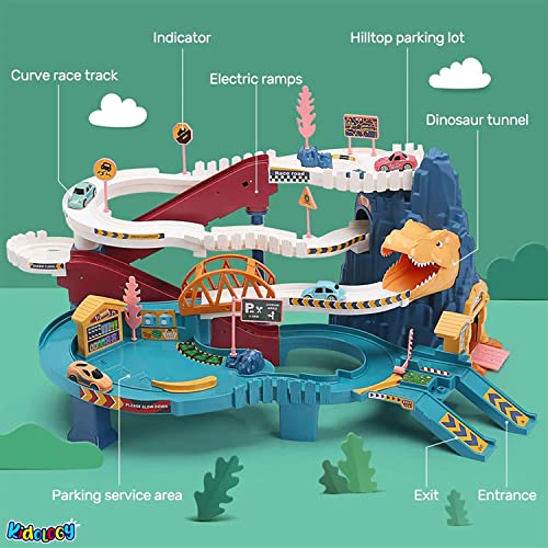 Image of Kidology Dinosaur Race Tracks for Kids 2+ Years | Rail Car Toy for Toddlers | Playset Adventure Toy with 4 Mini Cars | Climbing Hills Railcar Vehicles, Colorful and Fun Construction Play