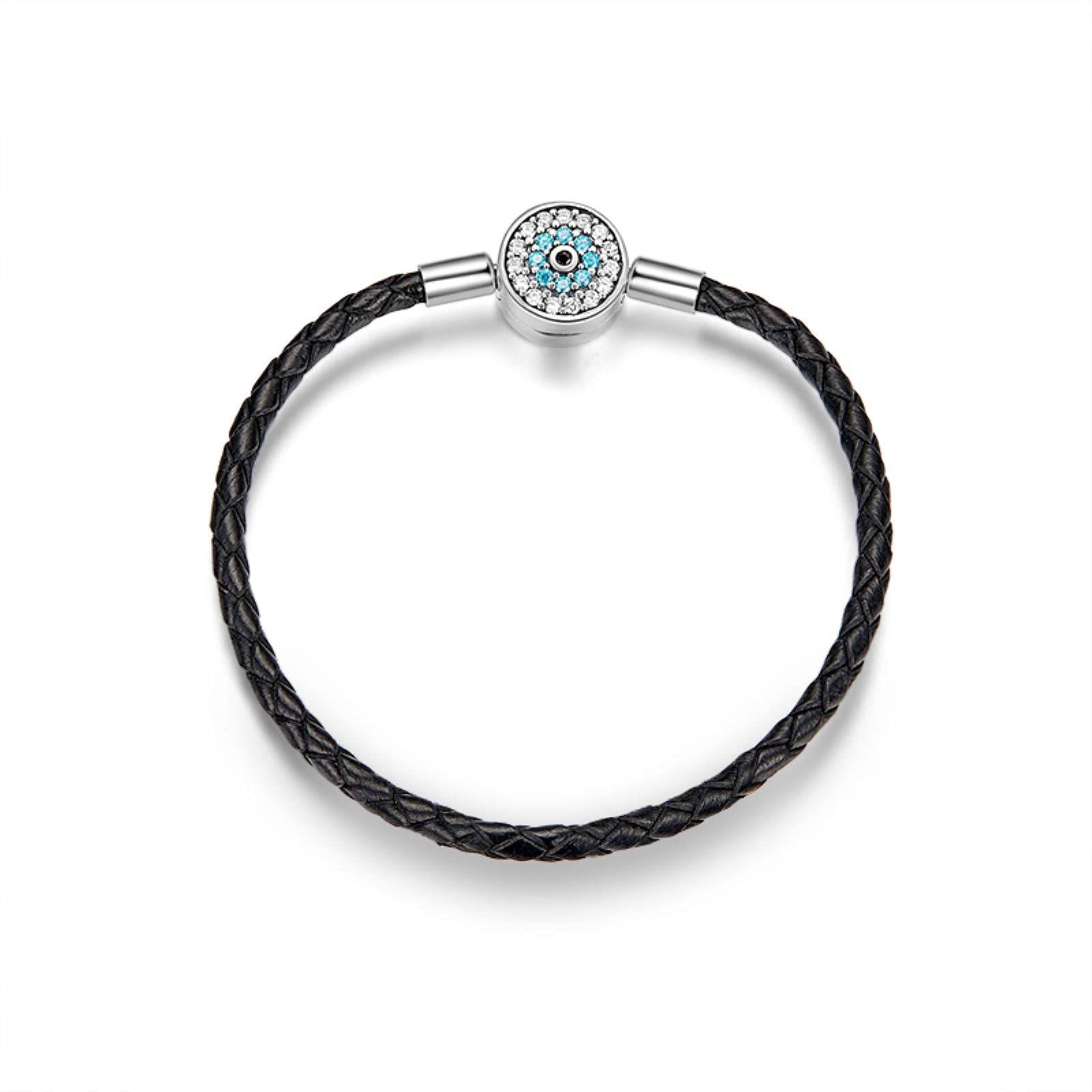 LOKILOKI Pulseras De Cuero De Cuerda Rosa De Plata De Ley 925 para Mujer, Pulseras De Cuerda con Cierre Redondo De Cz Transparente, Joyería De Plata
