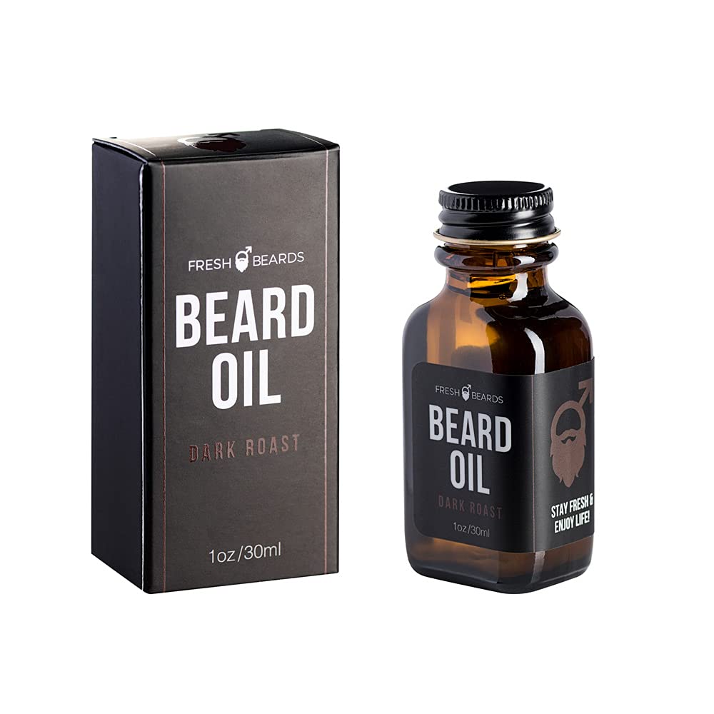 Fresh Beards Dark Roast Beard Oil - Fresh Brew Coffee Bean and Sweet Cream Fragrance - Scented Mens Beard and Mustache Oil - Soothing Anti-Itch Moisturizer & Softener for Dandruff Prevention and Healthy Beard Growth