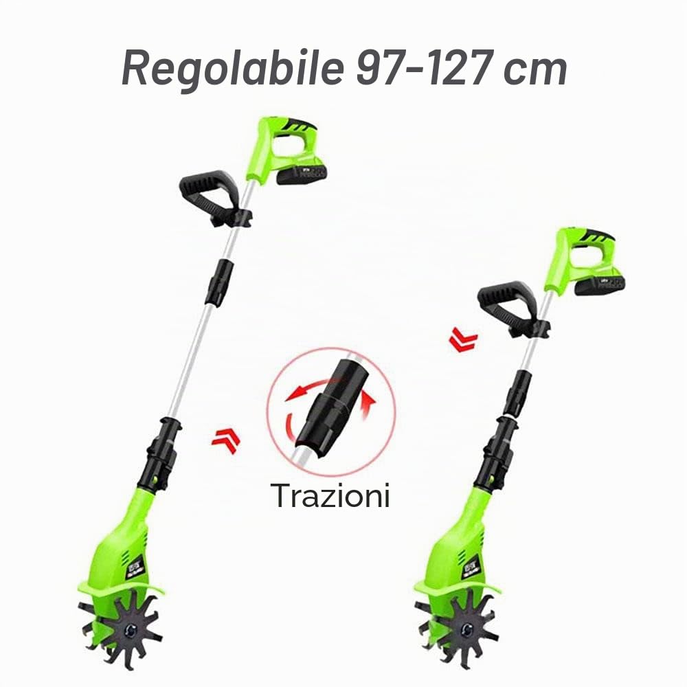 Motozappa per Orto Elettrozappa Batteria Litio 20V 4000 mAh Zappatrice Zappa a Motore Elettrica 2 Lame da 15cm Larghezza Lavoro 10cm velocità 250RPM Manico Ergonomico Coltivazione Giardino