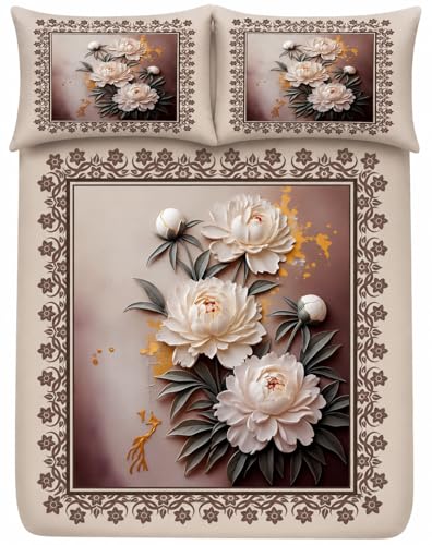 Image of 7D Digital Printed King Size Bedsheet | 240TC Premium Cotton Feel Microfiber with 2 Pillow Covers | Soft Breathable & Wrinkle Free Bedding Set | (Cream, King Size-225x250CM)
