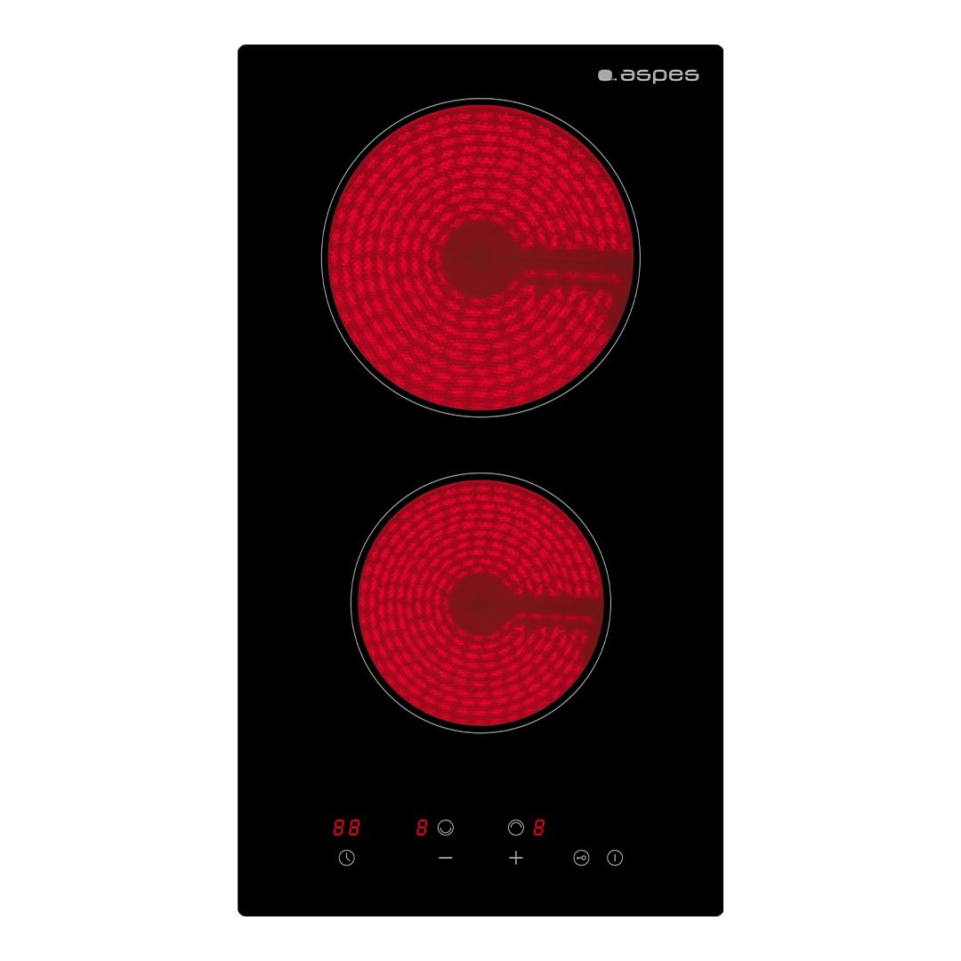 Aspes Placa Vitrocerámica Cristal negro, AV2302. 2 Zonas de Cocción, 3000 W, 9 Niveles de Cocción, Control Táctil, Bloqueo Control, Temporizador