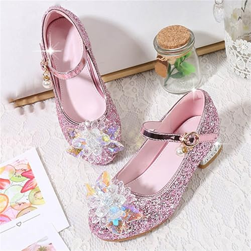 Girls High Heels Glitter Mary Jane Shoes with Flower Charm | Glitter finish flower jewel pearl strap and low heel bring a festive look to parties and recitals Pink Size 9 - image 3