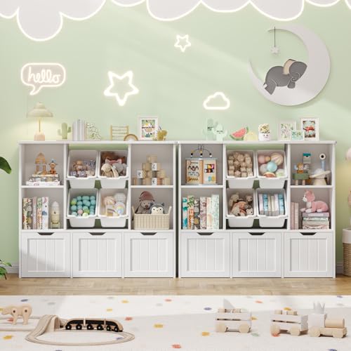 Image of Toy Storage Organizer with 4 Toy Bins, Toy Organizer Kids Bookshelf with 3 Movable Drawers and 4 Open Cubbies, Toy Bins for Kids Organizer Playroom Storage for Living Room with Hidden Wheels, White