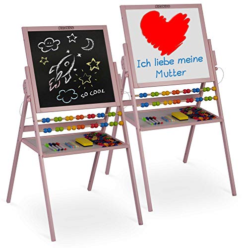 Pizarra blanca magnética Ricokids rosa con caballete de madera para niños