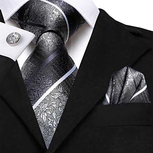 Image of Dubulle Men Black Grey Silver Tie and Pocket Square Set Silk Striped Necktie Handkerchief Cufflinks 3PCS Set Wedding Business