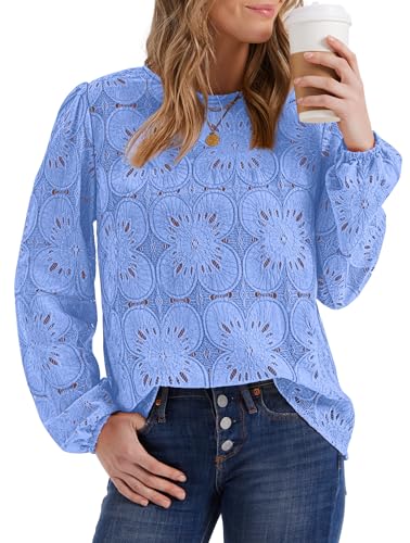 Image of OFEEFAN Blouses for Women Dressy Casual Spring Tops 2026 Summer Outfits Flower Lace Crochet Long Sleeve Shirts