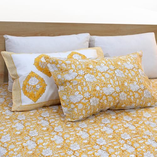Image of TOAI Hand Block Printed Bedsheet | Bed Spread Flatsheet Bed Sheet | Pure Cotton | King Size 108 inchx108 inch |210 TC Long Luxury Cotton | 2 Reversible Pillow Covers |Mustard Yellow Klamkari