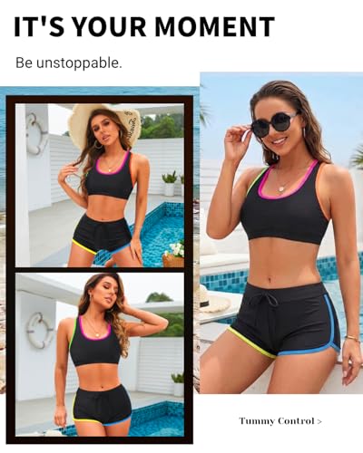 Image of Women Two Piece Sporty Bikini Set Athletic Swimsuits with Boy Shorts Bottom | Racerback, Crop top, Drawstring, Bathing suits, Mid Rise, Padded bra, Full lining, Scoop neck, Full coverage