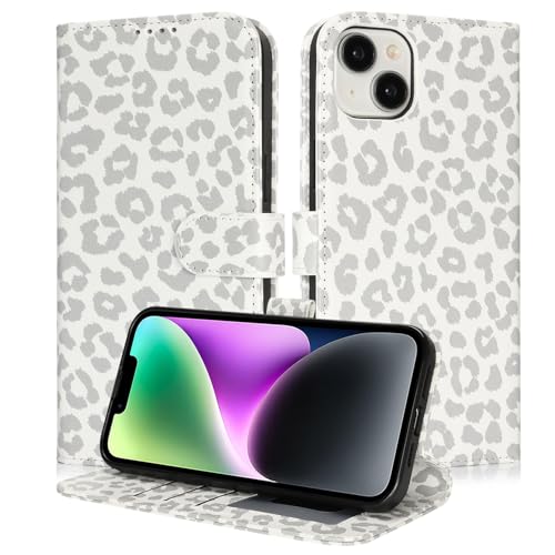 Image of for iPhone 14 Case Wallet with Card Holder,for iPhone 13 Wallet Case for Women Men,PU Leather Shockproof Magnetic Buckle Stand Flip Phone Case-White Leopard