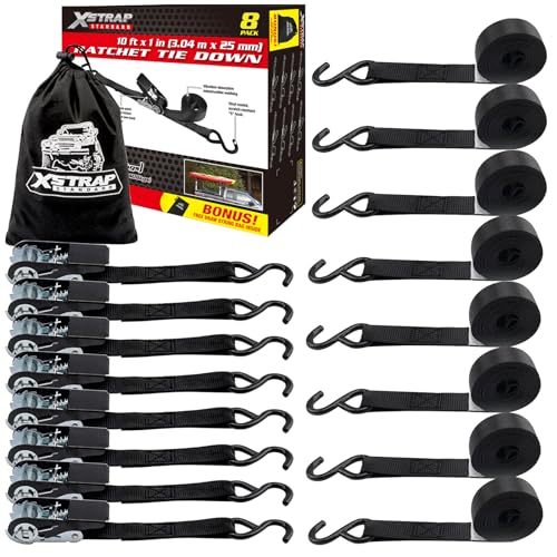 XSTRAP STANDARD Ratchet Straps 900 LB Break Strength 8-Pack 10FT Ratchet Tie Down Straps Set for Motorcycle Straps Tie Downs Appliances Lawn Equipment Logistic Cargo Straps for Trucks (Black)