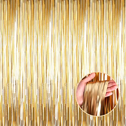 Image of 4 Pack Champagne Gold Foil Fringe Curtain Backdrop, 3.28Ft x 8.2Ft Metallic Tinsel Streamer Curtains for Party, Photo Booth Props, Birthday, Graduation Decoration Party Supplies