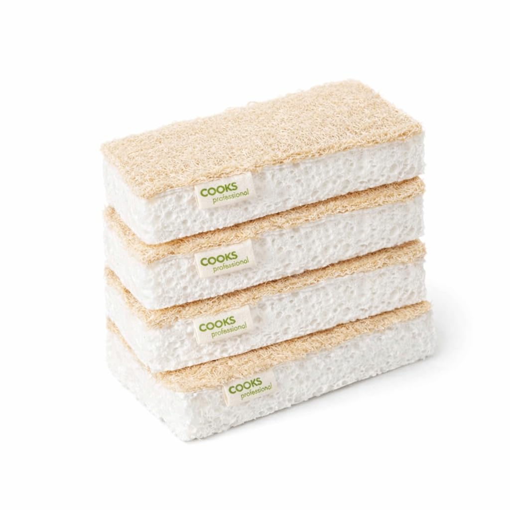 Cooks Professional Set of 4 Eco Scourer Sponges | Biodegradable & Compostable Multipurpose Cleaning Sponge for Kitchen, Bathroom, Household | 100% Natural Cellulose & Loofah | Plastic Free |