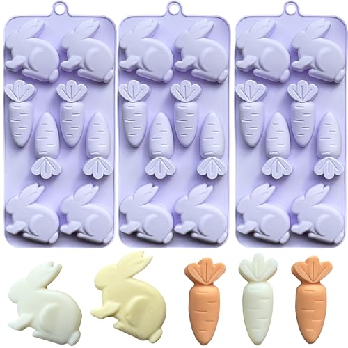 3-Pack Easter Bunny Silicone Mold 3D Easter Bunny Chocolate Molds Carrot Candy Ice Mold Food Grade Non-Stick Silicone Molds for Candy Jelly Fondant Resin Candle Making