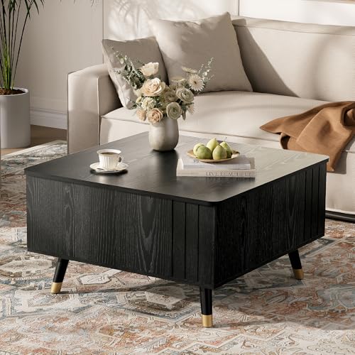 Image of JOINICE Square Lift Top Coffee Table with Storage for Living Room,Black | 32 inch Multi-functional Pop Up Center Table,Large Hidden Compartments with Solid Wood Legs,Lift to 23 inch,Hold 100lbs,Easy Assembly
