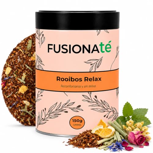 FUSIONATÉ Rooibos Relax a Granel, Lata 150 g de Infusión Natural con Limón, Azahar, Lemongrass, Melisa, Tila, Rosas y Aciano Azul, sin Teína, Calmante y Aromática