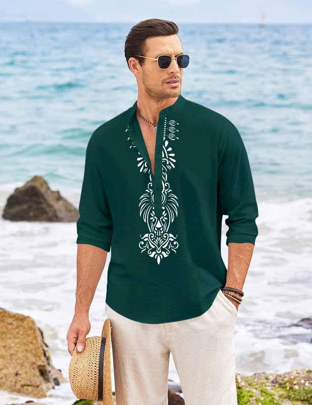 Image of FINIVO FASHION Men's Cotton Blend Short Kurta with Bold Printed Front Design | Full Sleeve Ethnic Casual Kurta with Mandarin Collar | Artistic Festival & Travel Wear for Modern Ethnic Style