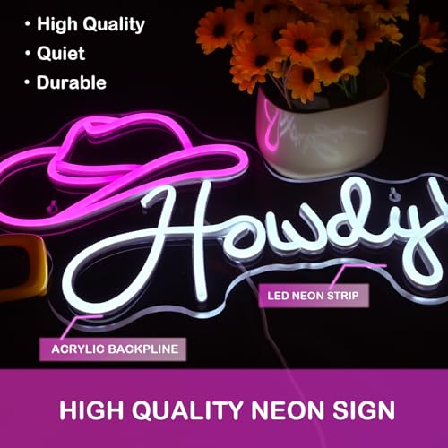 Image of ineonlife Cowboy Hat Neon Sign Howdy Neon Lights Pink Led Neon Signs Preppy Girls for Wall Decor Light Up Sign for Bar Beer Bedroom Living Room Beauty Girls Club Decoration Gifts