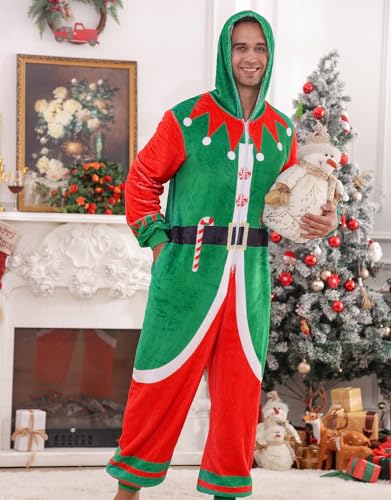 Christmas Onesie Pajamas for Men Adult One Piece Hooded Flannel Zipper Pjs with Pockets2