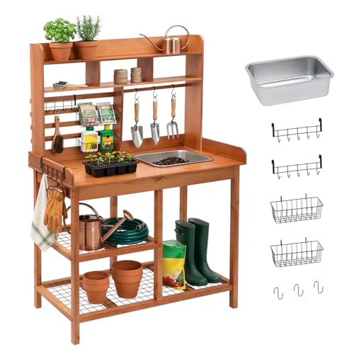 OOOK Potting Bench Nordic Scots Pine Potting Table Removable Sink Workstation for Outside Patio Lawn Wooden Garden Work Station