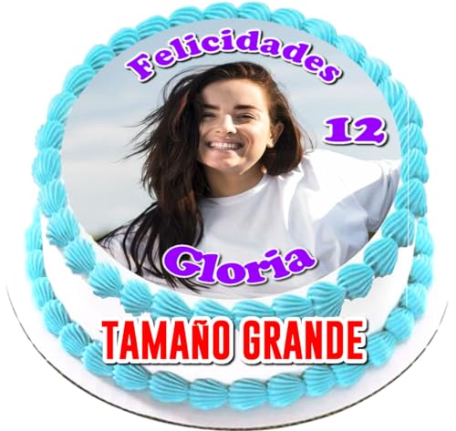 OBLEA GRANDE CON FOTO Redonda, personalizada nombre y edad para pastel o Tarta, especial para cumpleaños