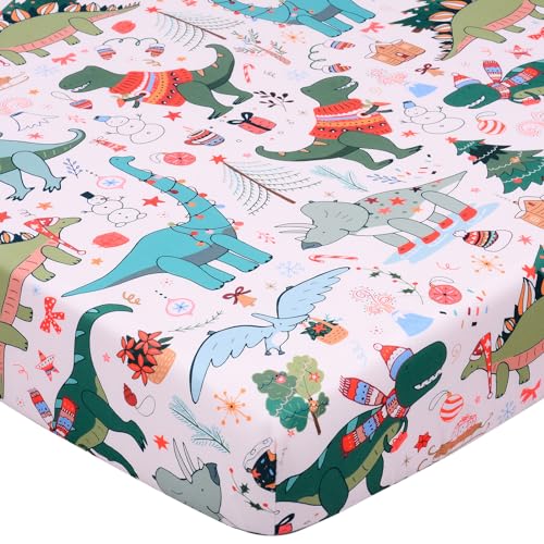 Image of JISEN Christmas Fitted Crib Sheets for Boys Girls 52x28 Inch Dinosaurs Pink