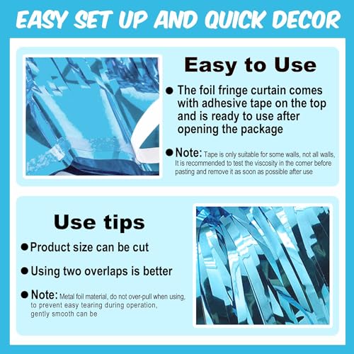 Image of 3 Pack Light Blue Foil Fringe Curtains Backdrop, 3.28 x 9.8 Ft Metallic Streamers Tinsel Curtains Background for Photo Booth, Birthday, Halloween, Christmas, Thanksgiving, New Year Party Decorations