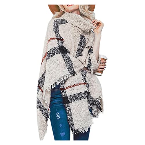Women Fashion High Neck Pullover Sweaters Oversized Knitted Fringed Poncho Cape Shawl Wrap Warm Loose Turtleneck (Color : Beige, Size : 135Wx85L)
