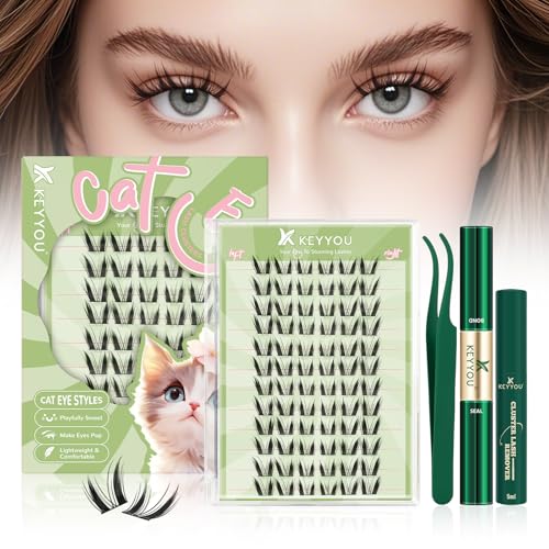 KEYYOU Lash Clusters Kit Anime Cat Lash Clusters 72pcs Wispy Natural Cat style Lash Extension Kit with Bond and Seal,Applicators,Remover for Manga DIY Eyelash Extension Kit at Home(MC03)