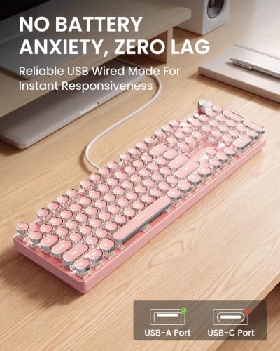 Image of EWEADN Typewriter Style Mechanical Keyboard, Wired Typewriter Keyboards,104 Keys Backlit LED Metal Keyboards, Media Control Knob, Wired Computer Keyboard White Switch for Windows /Mac /PC-Dark Pink