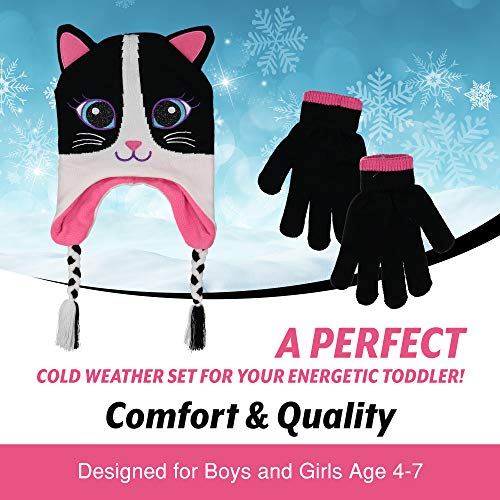 PEAK 2 PEAK Girls Cat Face Beanie Winter Hat and Glvoes Cold Weather Set, Age 4-74