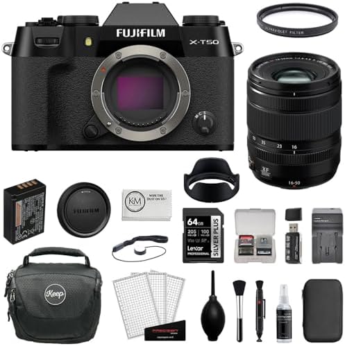 FUJIFILM X-T50 Mirrorless Camera with XF 16-50mm f/2.8-4.8 Lens (Black) + 64GB Card + UV Filter + Battery Charger + Card Reader + Bag + Cleaning Kit (12 Items)