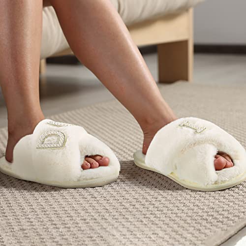 Xuhal Bride Slippers I Do Slippers Women's Wedding Shoes for Bride Plush Furry Warm White Open Toe Cozy Fluffy Bridal Party Wedding Fuzzy Soft House for Bachelorette Party4