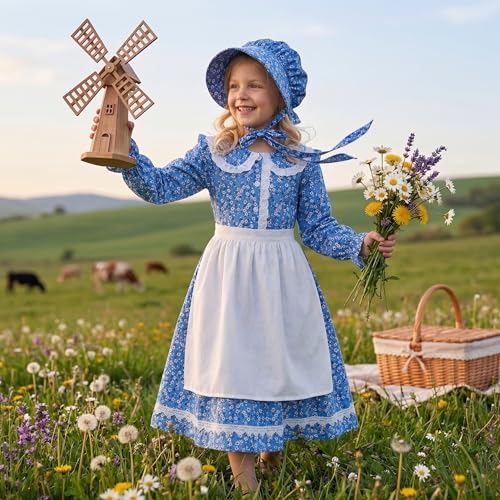 Disfraz de niña pionera con vestido y delantal azul miniatura 4