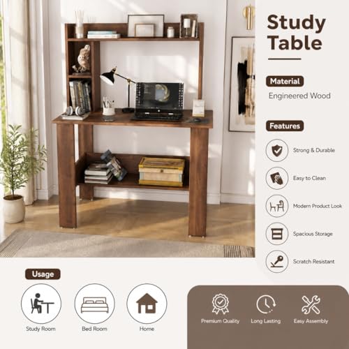 Image of SPYDER CRAFT Modern Daisy Engineered Wood Study Table with Storage Shelf | Clean Minimalist Computer Desk for Home, Office, & Bedroom | Durable & Easy to Clean (Columbian Walnut) (Assembly DIY)