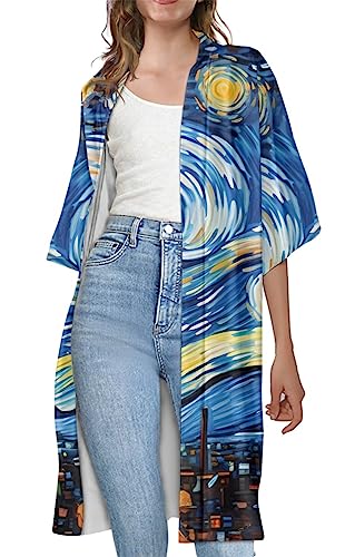 Women's Casual Van Gogh The Great Wave Print Kimonos Half Sleeve Long Cardigan2