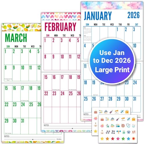 CRANBURY Large Print Wall Calendar 2026, 12x23" Open, 12 Months Seasonal Designs, Use Jan to Dec 2026, Big Numbers, Big Grid, Low Vision Calendar, Non-Glossy Paper for Easy Writing, Includes Planner Stickers
