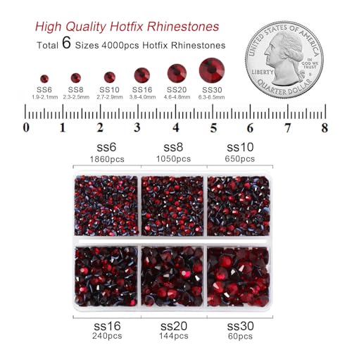 Image of BEADSLAND Hotfix Rhinestones, 4000 PCS Dark Red Rhinestones for Clothes Crafts Mixed 6 Sizes with Wax Pencil and Tweezers Kit, SS6-SS30, Dark Siam