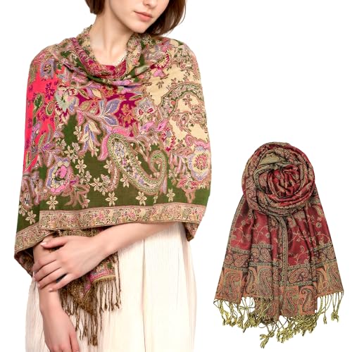 Achillea 2 Pack Burgundy Reversible Pashmina and Olive Rose Floral Shawl Bundle