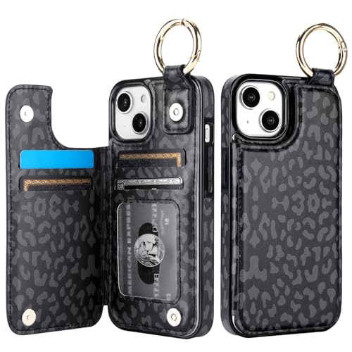 Image of HAOPINSH for iPhone 13 iPhone 14 Wallet Case with Card Holder, Black Leopard Cheetah Print Back Flip Folio PU Leather Kickstand Card Slots Case, Finger Grip Ring Double Magnetic Clasp 6.1 inch