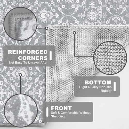 KILOCOCO 2x5 Runner Rug, Moroccan Super Soft Washable Hallway Entryway Runner Rug, Accent Print Faux Wool Kitchen Runner Rug 5 Feet Non-Slip Runners Boho Rug Runners for Bedroom, Silver Grey/Blue