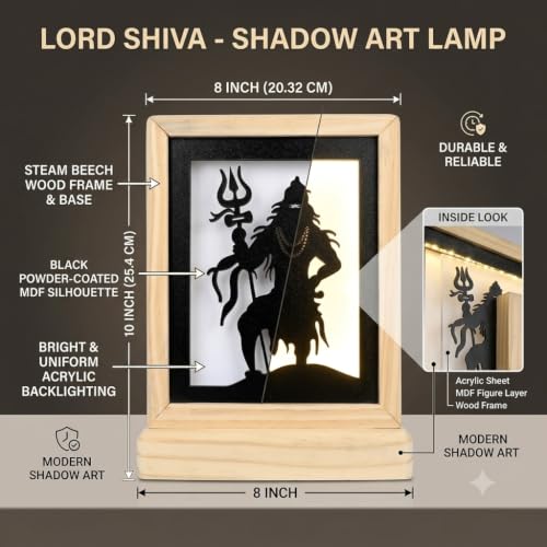 Image of Divine Shiva Backlit Table Lamp, Soothing Warm Backlight for Meditation, Durable MDF and Acrylic Construction, Includes Power Adapter, Natural, 8.25 inch (Sqr Shiva)