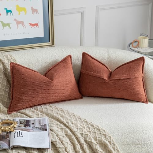 Miniatura 2 de Madizz Juego De 2 Suave Chenilla Decorativo Funda De Cojíns Con Borde Neutras Fundas De Almohada Boho Para Sofá Dormitorio Salón Naranja Roja Rectangular 30 X 50 Cm