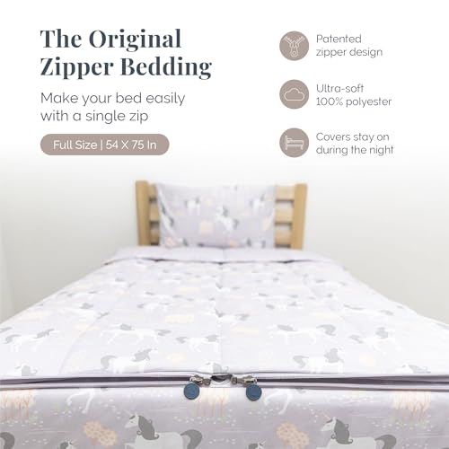 Image of Beddy's Fairytale Unicorn Durable Zipper Bedding for Kids - Bed in a Bag - Purple Sheets & Comforter with Unicorns - Includes 2 Pillowcases and 2 Shams - Easy to Make & Wash - Full
